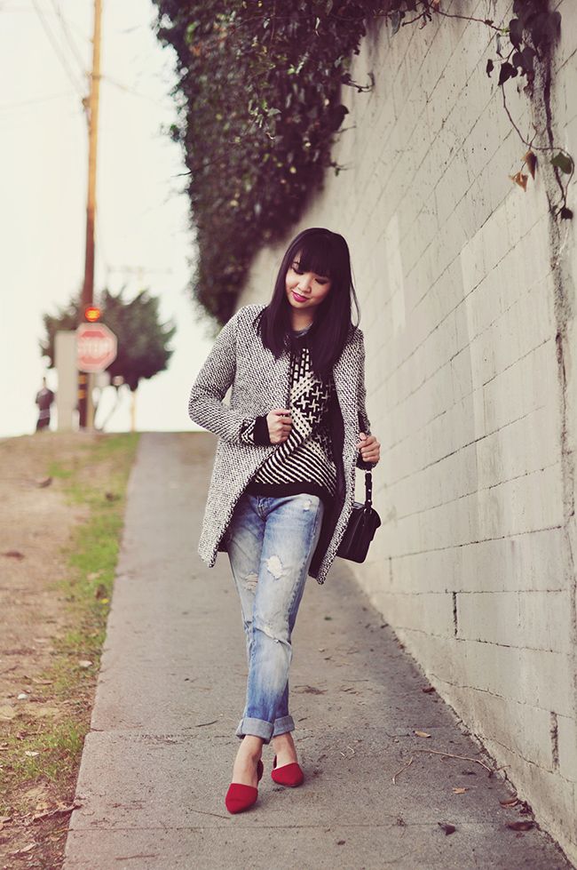 red d'orsay flats, boyfriend jeans, tweed coat, geometric sweater