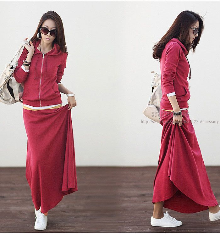 Womens Cotton Comfy Soft Suit Hoodie Sweat Long Skirt Set Tracksuit
