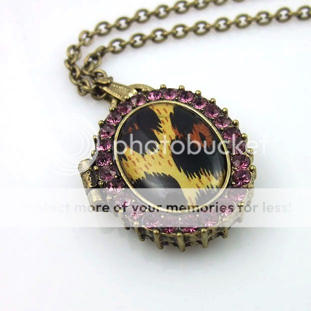 Retro Purple Stone Animal Print Oval Locket Necklace  