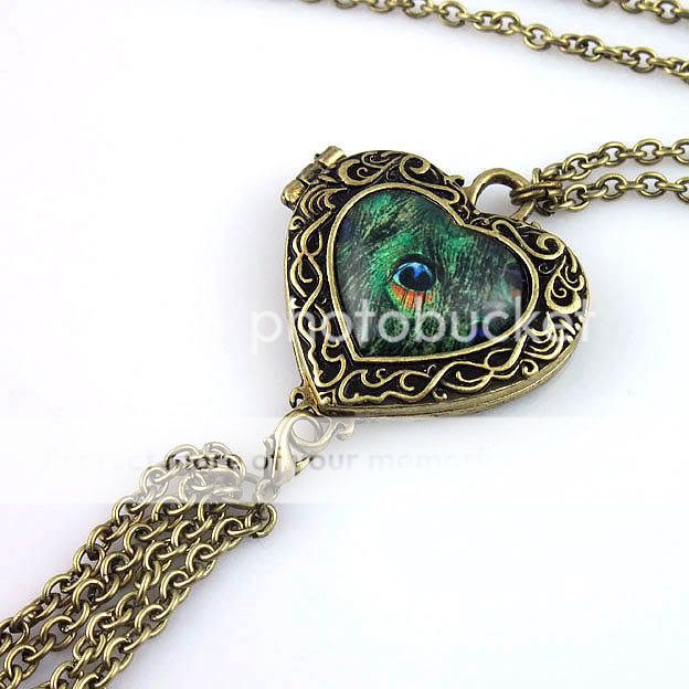 Retro Gold Heart Peacock Feather Tassel Locket Necklace  