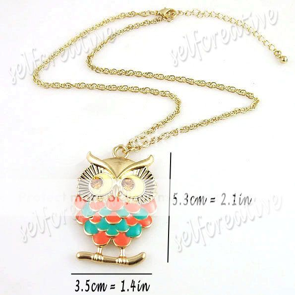 Multi colored Enamel Owl Pendant Necklace Choker Crystal Gold Tone 