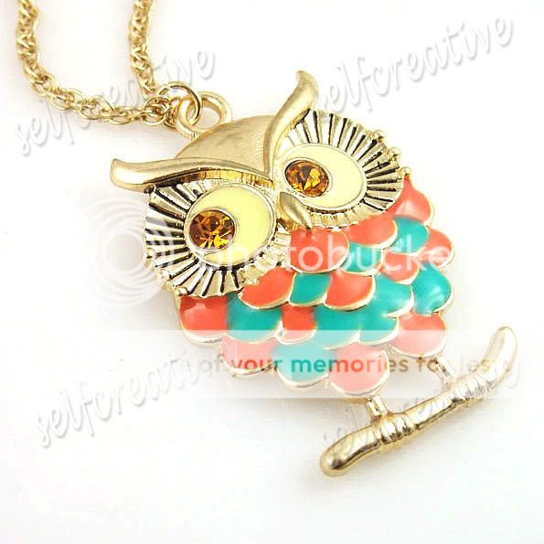   Owl Pendant Necklace Choker Crystal Gold Tone Metal Pretty  