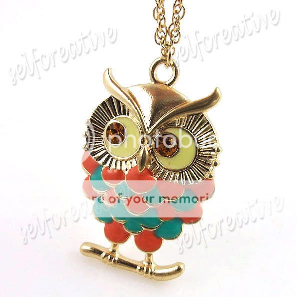   Owl Pendant Necklace Choker Crystal Gold Tone Metal Pretty  