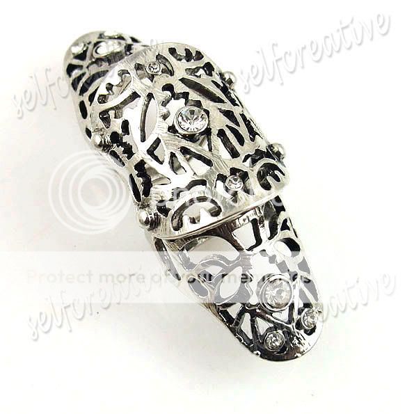 Filigree Floral Armor Hinged Knuckle Joint Ring Sz 6 Crystal Polish 