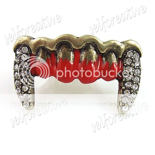 Punk/Goth Vampire Fangs Teeth Stretch Ring Adjustable Clear Crystal 