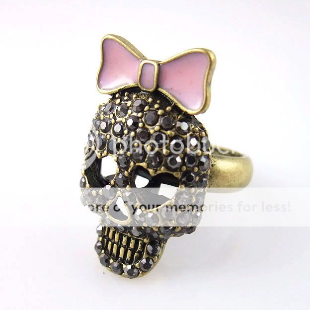 Sparkling Rhinestone Pink Bow & Hollow Skull Ring Sz 6  