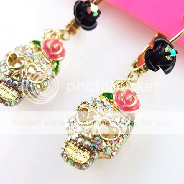 Gold Colored Stone Hollow Skull Rose Ear Clip Earrings
