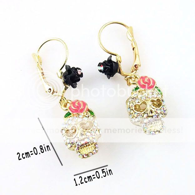 Gold Colored Stone Hollow Skull Rose Ear Clip Earrings